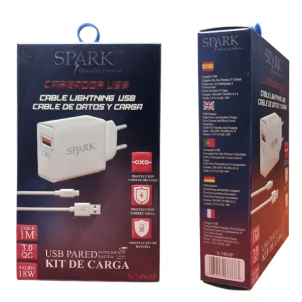 CARGADOR CON CABLE LIGHTNING 1M 3.0 18W S-74S/IP