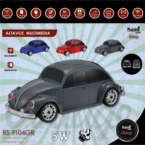 SAMI VINTAGE CAR GREY BEETLE MULTIMEDIA SPEAKER